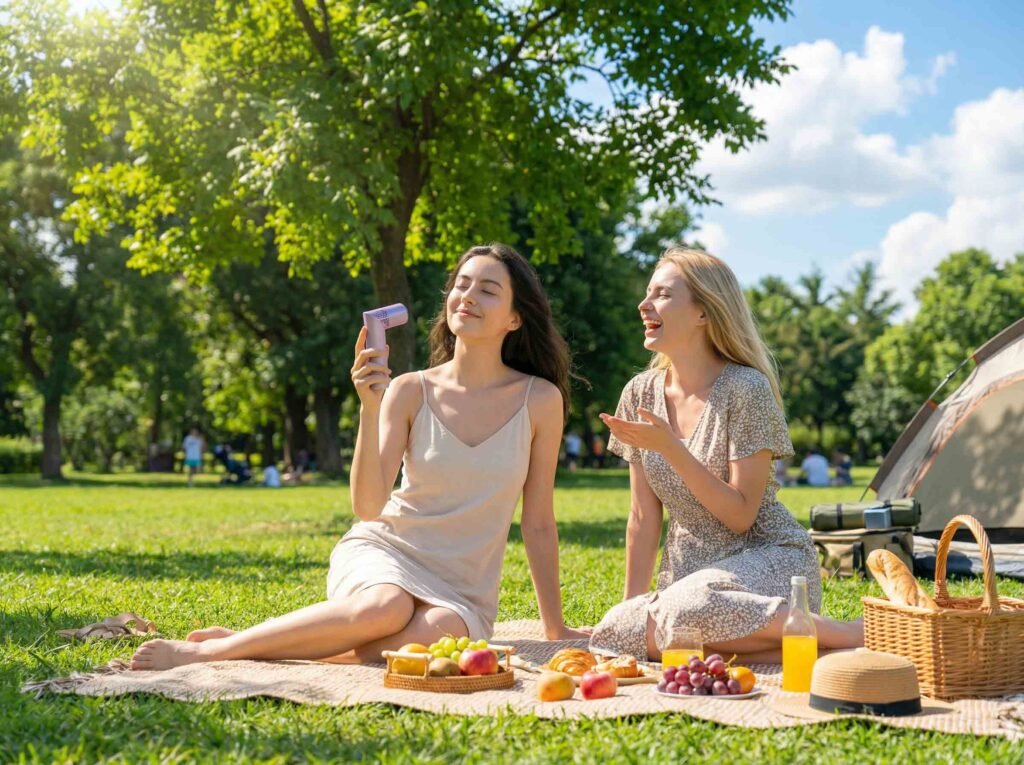 Portable fan for outdoor heat and waiting in line