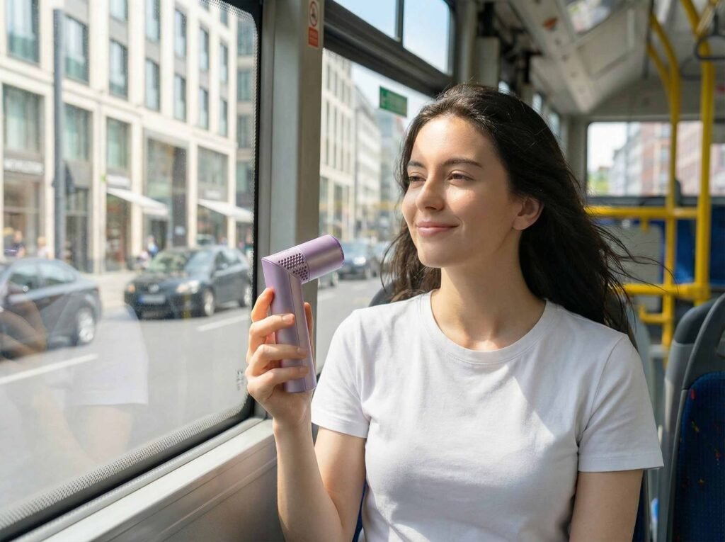 Woman using KLIHK portable handheld fan on a hot commute
